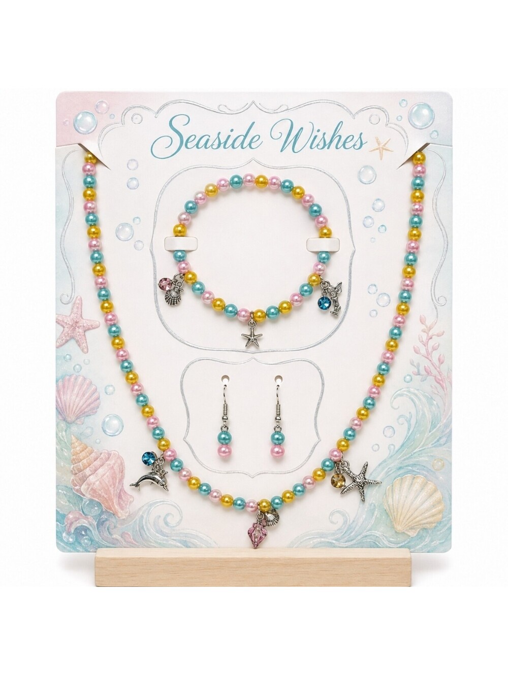 Seaside Wishes Starfish Seashell Dolphin Bracelet Earrings Necklace Jewelry Set